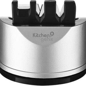 Kitchengenix's Manual Knife & Scissors Sharpener for Straight & Serrated Knives, 3-Stage Knife Sharpening Tool Helps Repair and Restore Blades (Grey)
